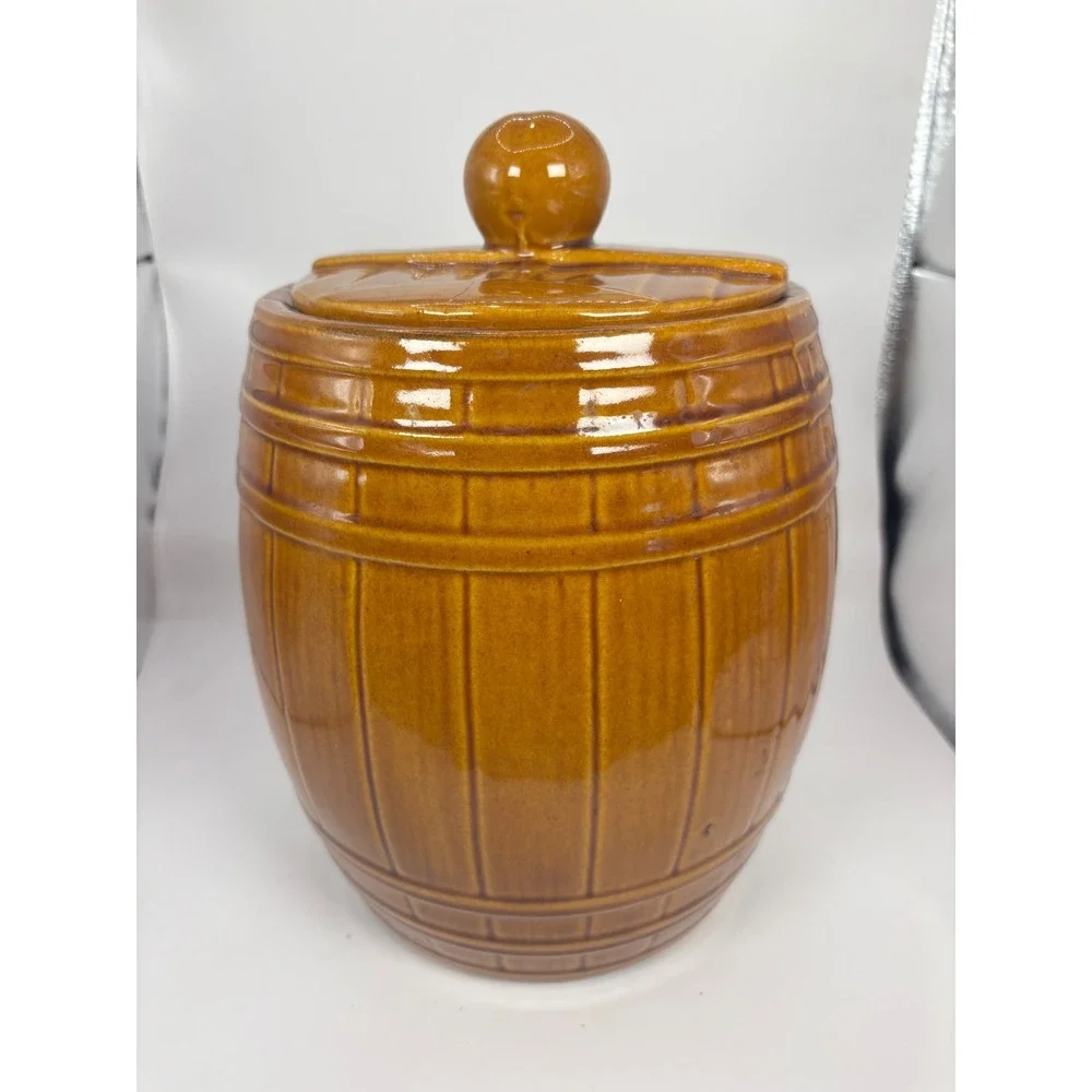 Vintage McCoy Pottery 1950s Brown Barrel Cookies Jar with Lid Mid Century Modern